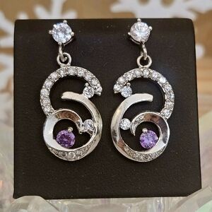 Sterling Silver Amethyst & CZ Rhodium Plated 925 Dangle Earrings